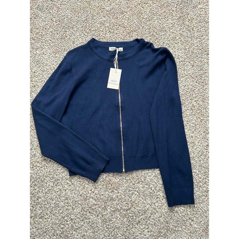 Grace Karin Womens XL Navy Blue Zip Front Ribbed Knit Cardigan Sweater NWT